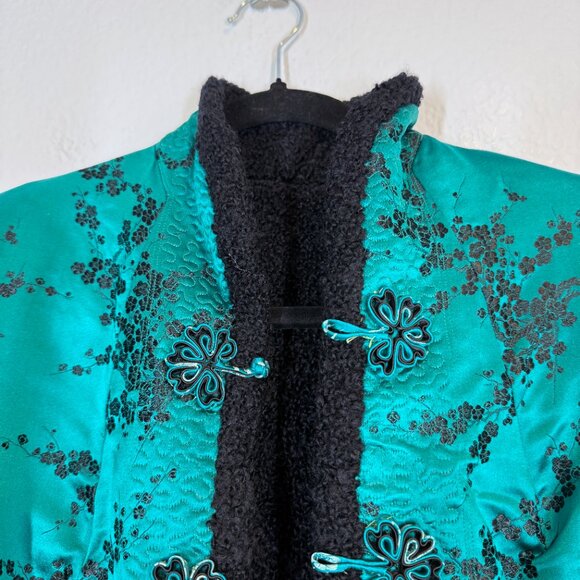 Vintage Chinese Jacket Teal Black Brocade Satin Reversible Mandarin Boho Small - Picture 5 of 10